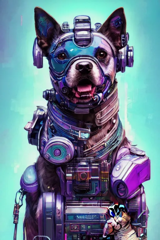 Image similar to a beautiful portrait of a cute cyberpunk dog by sandra chevrier and greg rutkowski and wlop, purple blue color scheme, high key lighting, volumetric light, digital art, highly detailed, fine detail, intricate, ornate, complex, octane render, unreal engine, photorealistic