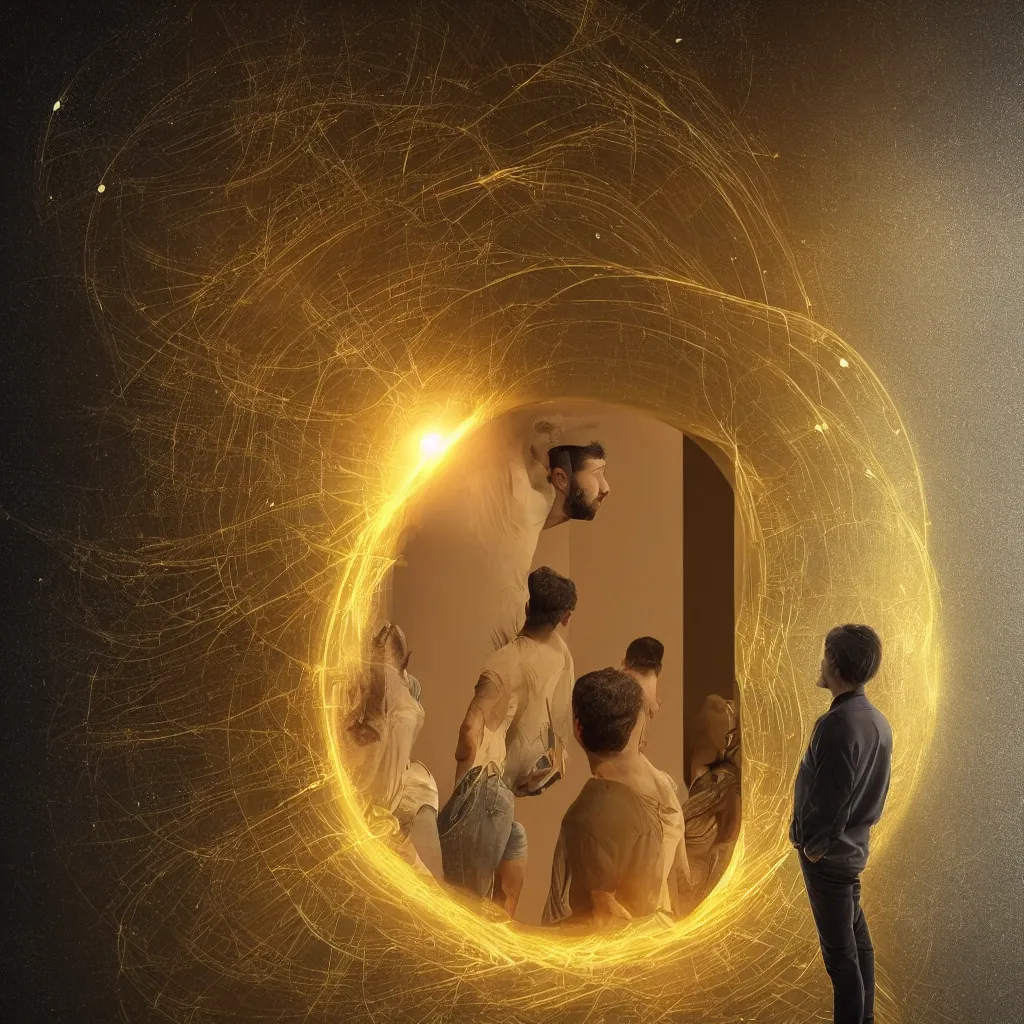 Image similar to “a first human standing looking at a mirror through a golden portal with a reflection of himself while a conscious being manifests next to him, highly detailed in 4K”