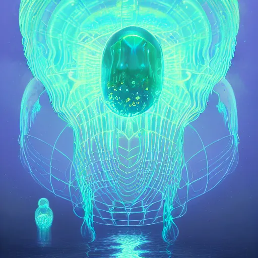 Image similar to intricate holographic quantum ghostwave entanglement jellyfish made of microcircuitry and transistors in a glowing deap sea by peter mohrbacher and dan mumford, trending on artstation, cgsociety 4 k