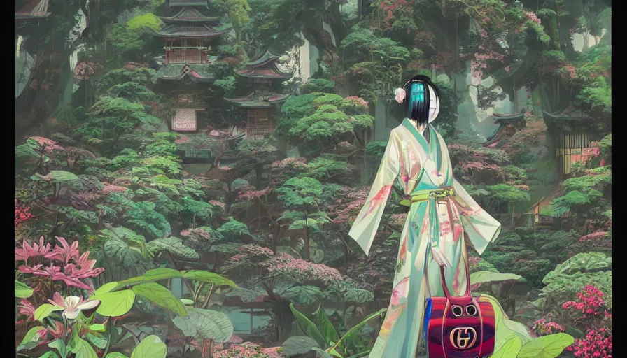 Image similar to a digital painting of a magical japanese temple with a woman wearing gucci exploring, lush plants and flowers, eco - cyberpunk art by james jean, cgsociety, retrofuturism, anime aesthetic, chromatic, iridescent, uhd