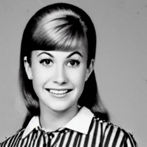 Image similar to a yearbook photo of Betty Cooper in 1966, she has a ponytail and bangs