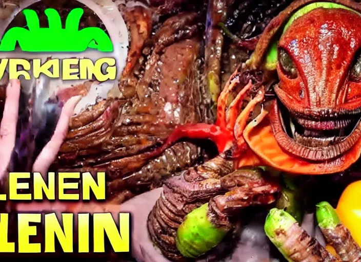 Image similar to Alien mukbang on YouTube. Alien vegetables, roasted. Exotic meat, grilled. Trending on YouTube. HD