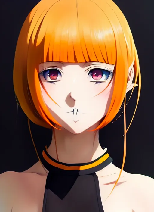 Image similar to anime portrait of a beautiful woman, yellow - orange eyes, ilya kuvshinov, black clothing, anime, pixiv top monthly, trending on artstation, cinematic, danbooru, zerochan art, kyoto animation