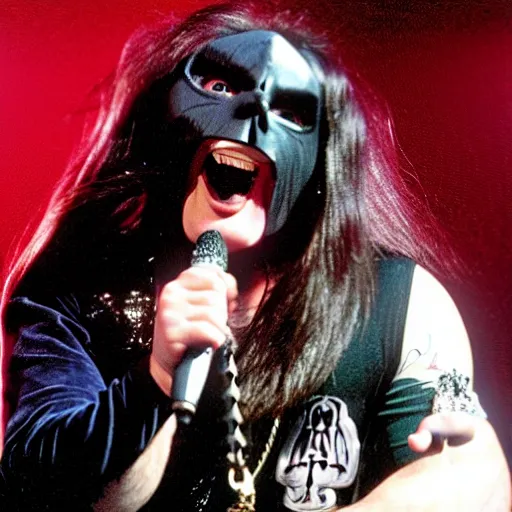 Image similar to ozzy Osborne Eating a man in a bat costume on stage, concert, mascot, crowd