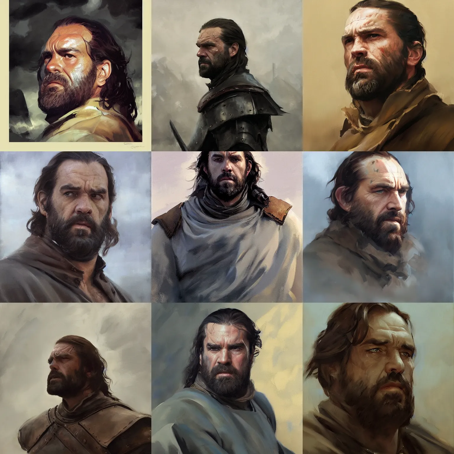 Prompt: greg manchess portrait painting of the hound from game of thrones, medium shot, asymmetrical, profile picture, foggy day, matte painting, bold shapes, hard edges, by huang guangjian and gil elvgren and sachin teng