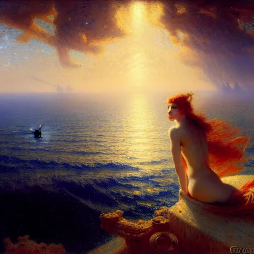 Image similar to point of view of deep in the ocean looking up, you see fishes, higher the milk way, night time, midnight. highly detailed painting by gaston bussiere, greg rutkowski 8 k