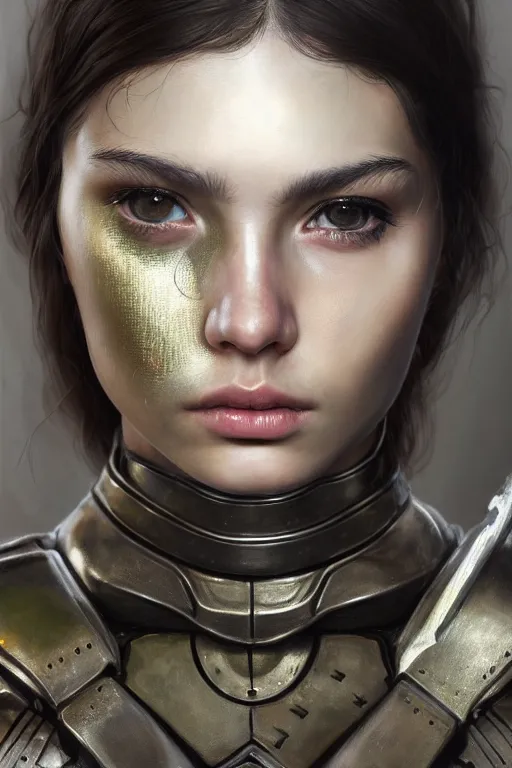 Image similar to a photorealistic painting of an attractive young girl, partially clothed in metal-plated battle armor, olive skin, long dark hair, beautiful bone structure, symmetrical face, perfect eyes, intricate, elegant, digital painting, concept art, illustration, sharp focus, minimal artifacts, from Metal Gear, in the style of Ruan Jia and Mandy Jurgens and Greg Rutkowski, trending on Artstation, award winning