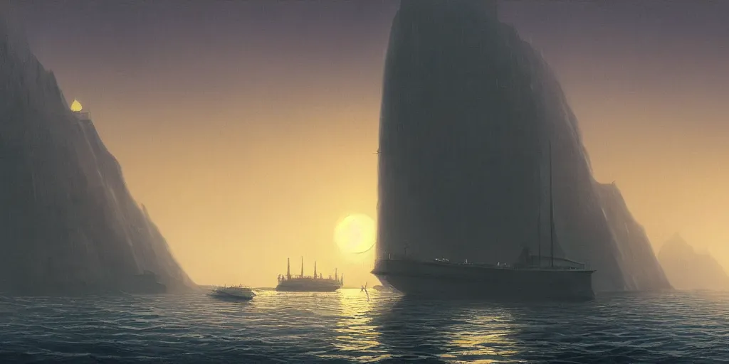 Image similar to a huge ferry sailing in the sea with a vertical island in the far back, misty night, ralph maquarrie and syd mead cinematic matte painting, 4 k