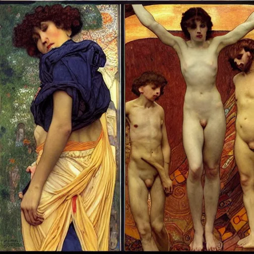 Image similar to stairway to heaven, dynamic contrapposto, william - adolphe bouguereau, egon schiele, gustav klimt, alphonse mucha