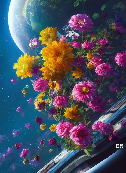 Image similar to An epic fantastic realism comic book style painting of the most beautiful flowers launched into space, bouquets, fisheye lens, unreal 5, DAZ, hyperrealistic, octane render, dynamic lighting