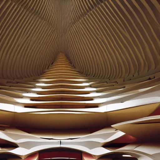 Prompt: interior of a futuristic lotus temple with gold, red and white marble panels, in the desert, by syd mead, intricate contemporary architecture, photo journalism, photography, cinematic, national geographic photoshoot