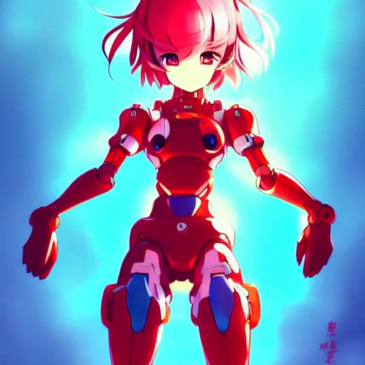Image similar to digital anime art, wlop, rossdraws, sakimimichan, very small cute girl standing on a large table, red mech arms and red mech legs,