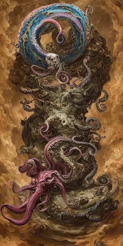 Image similar to magic fight of colorful Ouroboros and enormous octopus floating around inside an ancient mage castle hall colossal scale, gothic and baroque, brutalist architecture, ultradetailed, intricate details by Ellen Jewett and Ayami Kojima