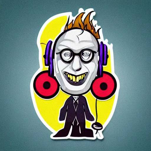 Image similar to svg vector sticker of absolutely insane-mad-scientist-villain, rocking out, wearing headphones, huge speakers, dancing, rave, DJ, spinning records, digital art, amazing composition, rule-of-thirds, award-winning, trending on artstation, featured on deviantart