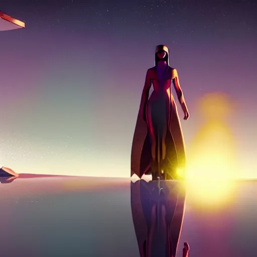 Image similar to big angular translucent crystal in the desert, reflection from the crystal is sparkling due to sun, small retro starship is near, futuristic hi-tech details, art by anthony macbain + greg rutkowski + alphonse mucha, concept art, 4k, sharp focus, cinematic render unreal engine