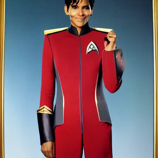 Image similar to a beautiful full body photograph of halle berry as a star fleet admiral from star trek next generation, full dress uniform, symmetrical face, extreme realism and detail, 8 k, completely framed, direct lighting, 3 5 mm photo, photorealistic, sharp focus