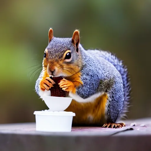 Image similar to A fat squirrel eating icecream