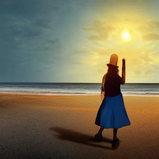 Prompt: a woman facing a blue interdimensional portal on the street, which shows a beach at sunset, rutkowski, fantasy