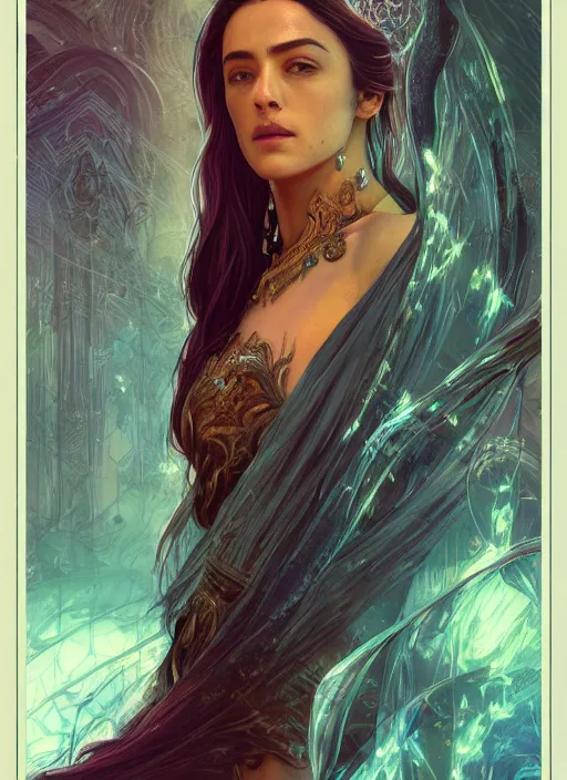 Image similar to altered carbon, Maya Ali as a sorceress, side view, tarot, sweat drops, fibonacci, insane, prismatic, intricate, highly detailed, digital painting, artstation, concept art, smooth, sharp focus, illustration, Unreal Engine 5, 8K, art by artgerm and greg rutkowski and alphonse mucha