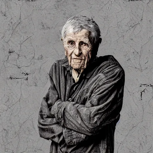 Image similar to detailed half body digital art of a old person wearing ragged and ruined clothes. the background is pure black with a little bit of glow behind the character