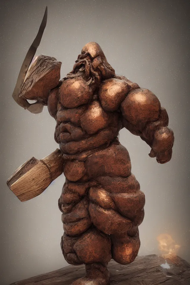 Prompt: photorealist detailled beautiful octane render portrait of a heavy wooden creature made of wood holding a shiny metallic axe, bokeh, soft focus, f 1. 8, unreal engine, particles, raytracing