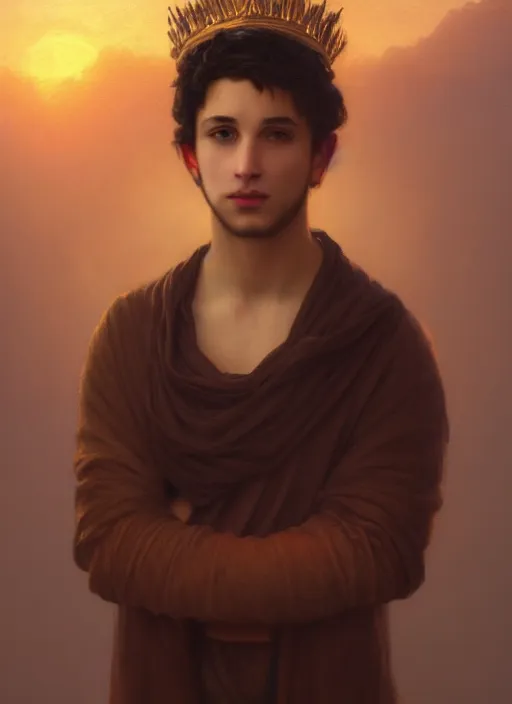 Image similar to oil painting of a handsome young man with dark hair, wearing a crown of fire!! at sunset, hazy, digital art, chiaroscuro, artstation, cinematic, golden hour, digital art painting by greg rutkowski, william - adolphe bouguereau, hazy atmosphere, cinematic lighting