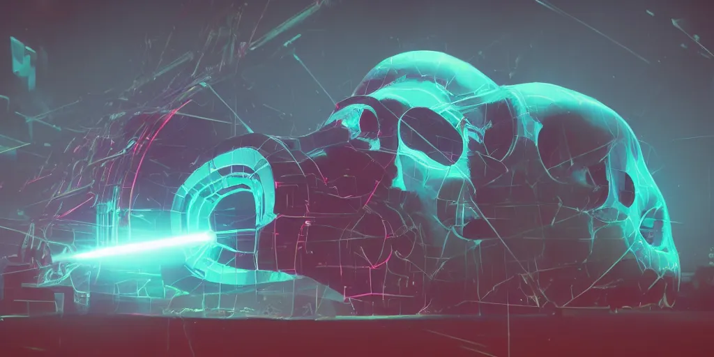 Prompt: a huge skull with laser blast, in the style of Beeple, cinematic, 4K