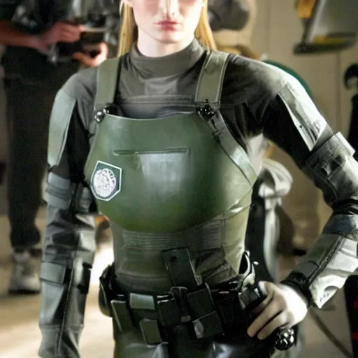 Image similar to sophie turner as starbuck from battlestar galactica 2 0 0 3, behind the scenes photo