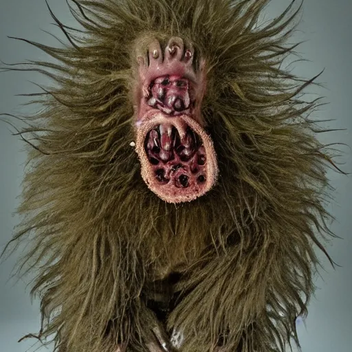 Image similar to a very strange creature made of cronenberg schmutz and drips, mucus, hairy, skin parts, fuzzy disgusting teeth, saliva nasty