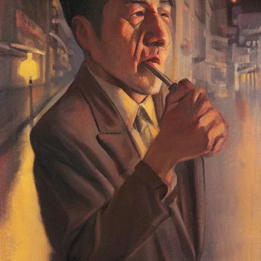 Prompt: realistic close portrait painting of man smoking in a tokyo alley at night in the style of soviet realism