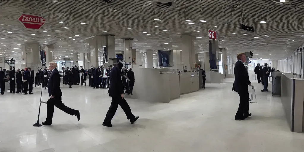 Image similar to ultra wide angle photo of donald trump dressed as a janitor walking silently past security guards, security guards