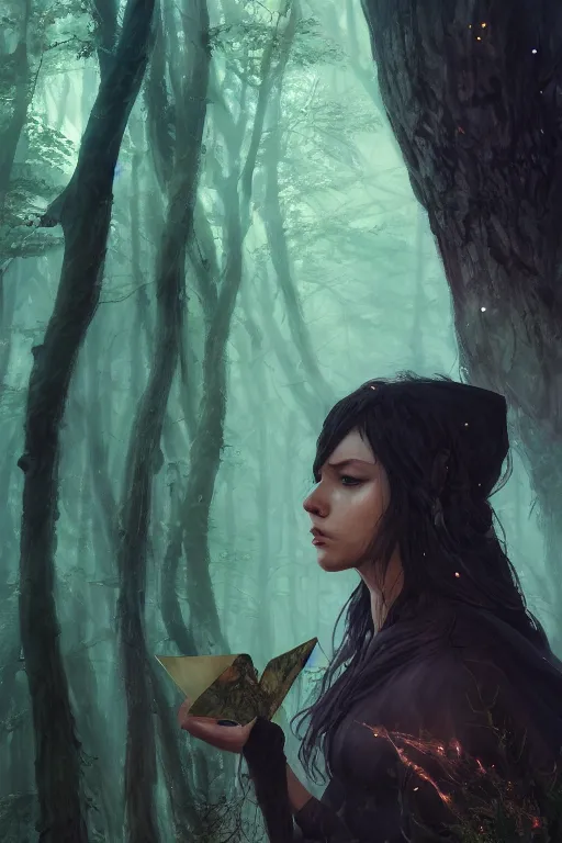 Image similar to a fancy close up illustrated portrait of a beautiful dark mage using magic in the forest by Greg Rutkowski, Sung Choi, Mitchell Mohrhauser, Maciej Kuciara, Johnson Ting, Maxim Verehin, Peter Konig, final fantasy , mythical, 8k photorealistic, cinematic lighting, HD, high details, atmospheric,