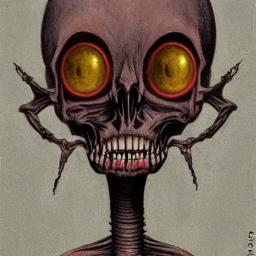 Image similar to humanoid with crooked teeth, two black eyes, long open black mouth, alien looking, big forehead, horrifying, killer, creepy, dead, slightly realistic, slightly red, long neck, boney, monster, tall, skinny, skullish, deathly, in the style of alfred kubin