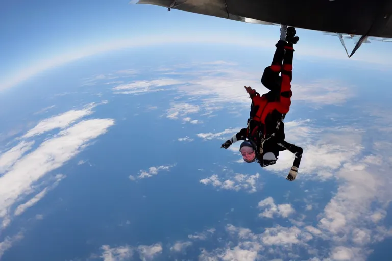 Prompt: close - up wide - angle photo of queen elizabeth skydiving