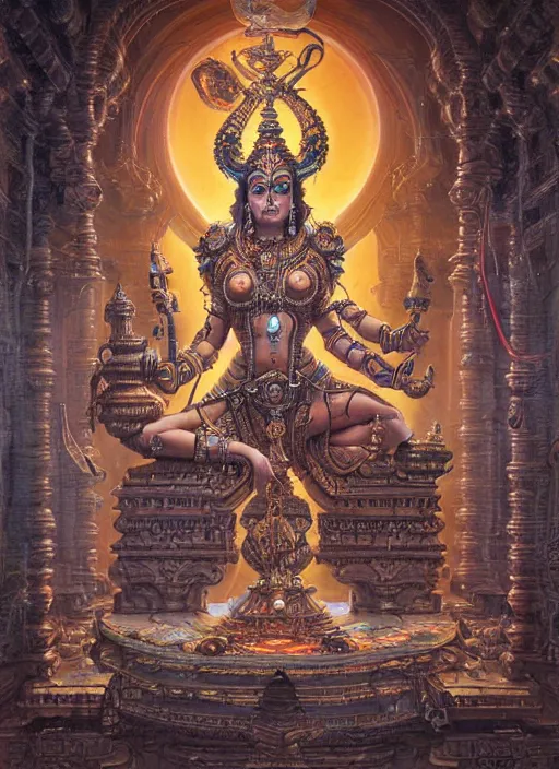 Prompt: cybertronic statue of shiva in a hindu temple, intricate, elegant, highly detailed, centered, digital painting, artstation, concept art, smooth, sharp focus, illustration, artgerm, tomasz alen kopera, peter mohrbacher, donato giancola, joseph christian leyendecker, wlop, boris vallejo.