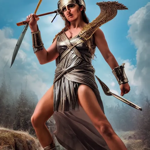 Image similar to Greek goddess Athena fighting with stupidity, stupidity is represented by internet influencers, realistic person, spear in the right hand, long hair, natural look, realistic photography, hyper realistic, highly detailed, 4k, battle landscape, high quality image, couraging and atmospheric composition