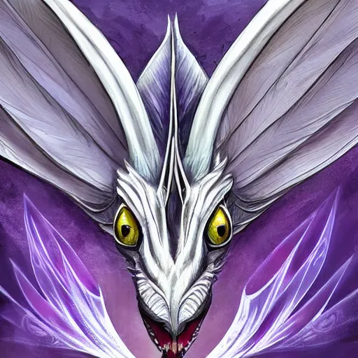 Prompt: a 128 foot tall elegant female silver western dragon with purple accents, having a 360 foot long wingspan; The scales smooth and streamlined, while having a sleek and sharp crest; two eyes bright blue; the snout sharp and pointed, yet sleek and elegant; close-up bust, high quality 16k digital art, deviantart, furaffinity