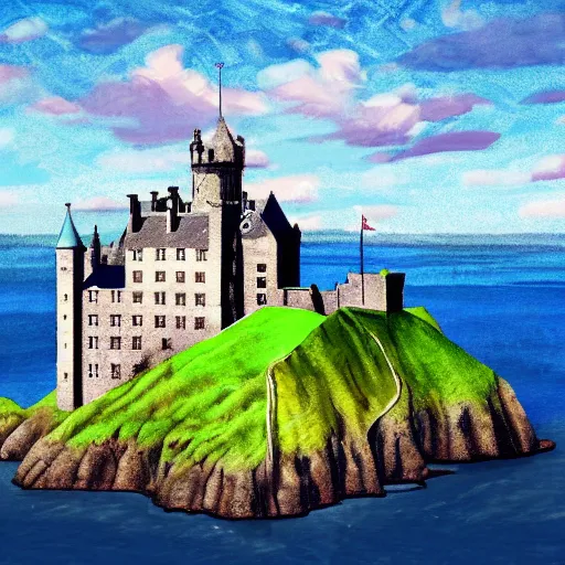 Prompt: Scottish scenery, with a gigantic towering medieval castle complex on a hilltop, overlooking the ocean, modern digital painting