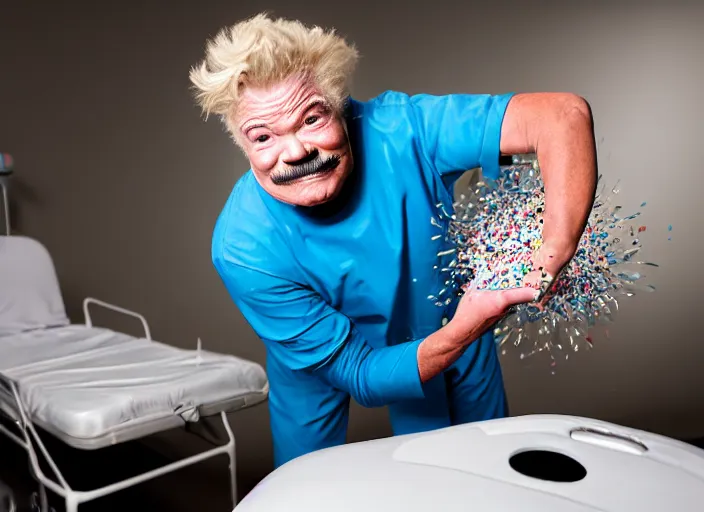 Image similar to photo still of rip taylor in patient surgery room!!!!!!!! at age 5 4 years old 5 4 years of age!!!!!!! throwing confetti from a bucket, 8 k, 8 5 mm f 1. 8, studio lighting, rim light, right side key light