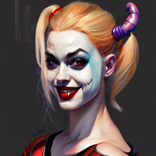 Image similar to Character Portrait of Harley Quinn, face, fantasy, intricate, elegant, highly detailed, digital painting, artstation, concept art, smooth, sharp focus, illustration, art by Cynthia Shephard and Fernanda Suarez and Artem Demura and alphonse mucha