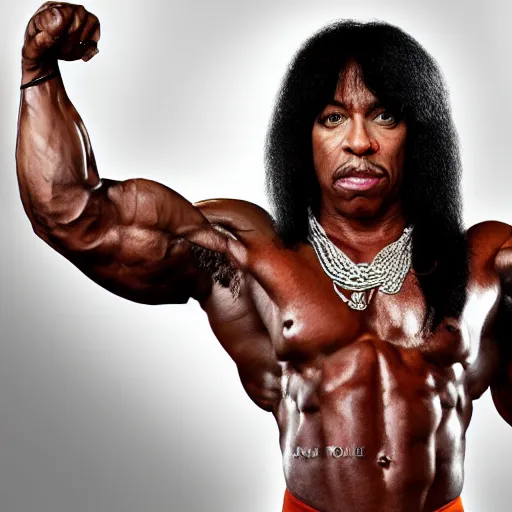 Image similar to Rick james with the physique of a body builder, hyper realistic, ultra detailed, cinematic, dynamic lighting, photorealistic, refined, intricate, digital art, digital painting, masterpiece, 8k