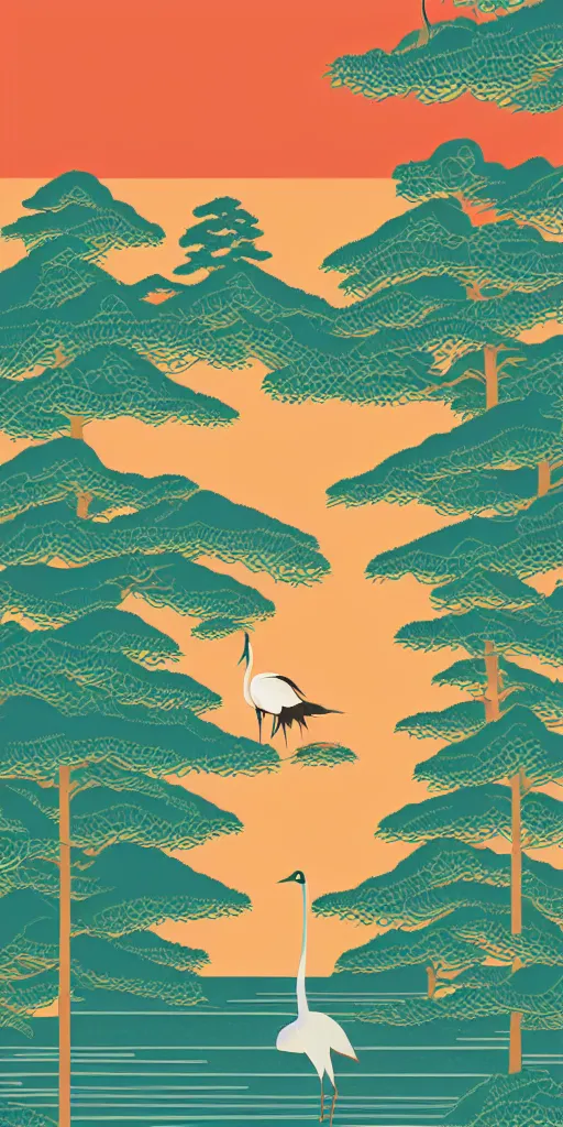 Prompt: a portrait of japanese crane waiting on a lake next to a forest of japanese pines, a big red sun in the background, logo design, fresh modern style, thick vector line art, trending on behance, stunning, matte