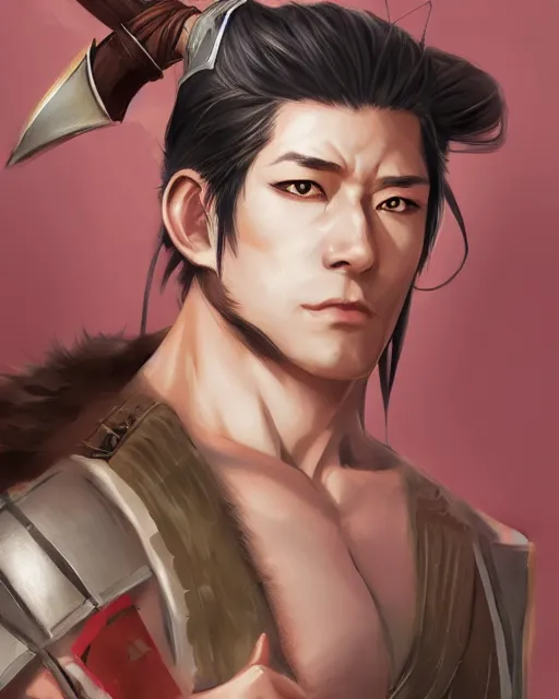 Prompt: A handsome, muscular man with fox ears and a katana wearing a kimono, portrait, bishounen, visualartzi, Japanese, concept art by Karla Ortiz, James Paick, Charlie Bowater, Krenz Cushart, highly detailed, ultra detailed, ultra realistic, trending on artstation, cgstudio