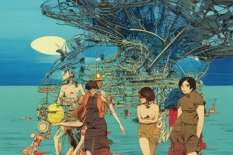 Prompt: most blues, evangelionic illustration, children playing at the beach, atomic explosion, a lot of exotic vegetation, oldschool vintage sci - fi flat surreal design, super - detailed, oil painting by moebius and satoshi kon, hd, 4 k, high quality