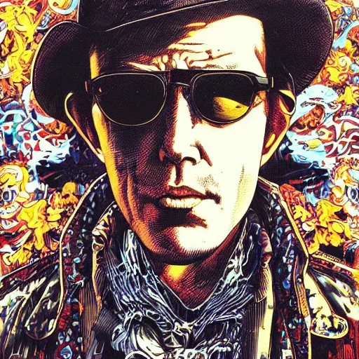 Image similar to portrait of hunter thompson, symmetrical, by yoichi hatakenaka, masamune shirow, josan gonzales and dan mumford, ayami kojima, takato yamamoto, barclay shaw, karol bak, yukito kishiro