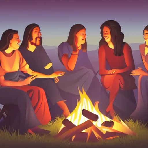 Image similar to jesus god talking with 4 women and 2 men around a campfire, realistic