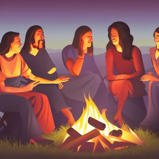 Prompt: jesus god talking with 4 women and 2 men around a campfire, realistic