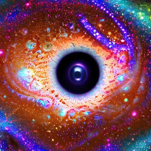 Image similar to an eyeball that contains multiple galaxies within the pupil, surrounded by a sea of iridescent pearls, in a dreamlike atmosphere, beautiful, dazzling, ultra hd 4k fractal intricate high detail render, high quality resolution