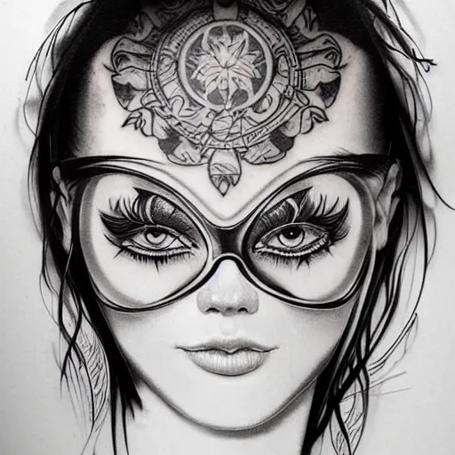 Image similar to sleeky goggle tattoo design, stencil, traditional, professional full back tattoo, by artgerm, artgerm, digital art