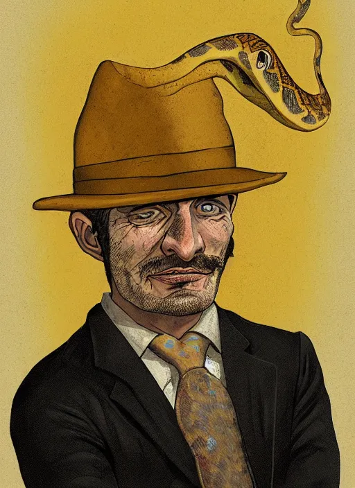 Image similar to portrait of a snake oil salesman by Paolo Eleuteri Serpieri, it idn't greasy